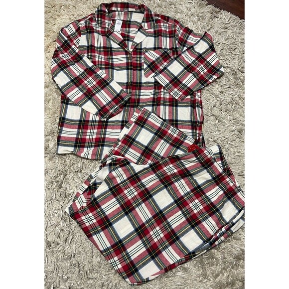 Old Navy Women's 3X Pajama Set Flannel White Red Plaid Christmas Holidays New - Picture 1 of 12